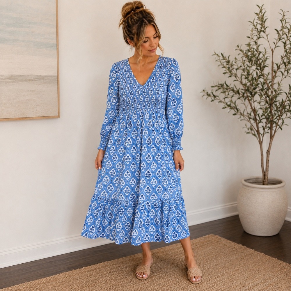 Pink City Prints Isabel Dress Women L Blue Ocean Trellis Smocked Cotton Midi